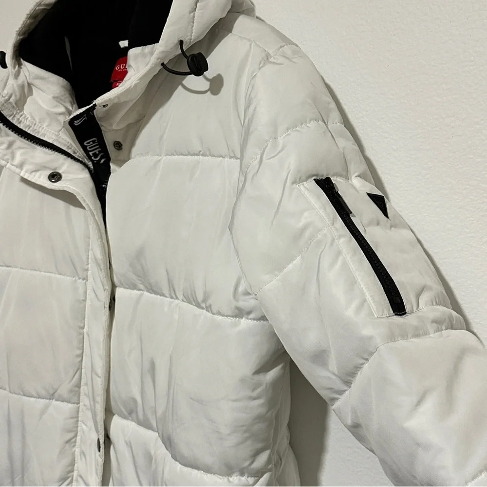 Guess White Black Longline Hooded Zip Button Puffer Jacket / Coat Size XL